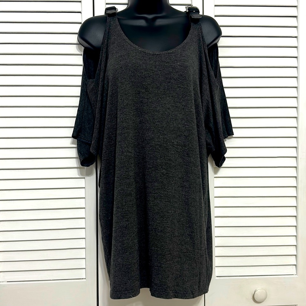 Michael Kors Gray LG Batwing, Shoulder Cut Out, Logo Buckles, Round Neck T-Shirt